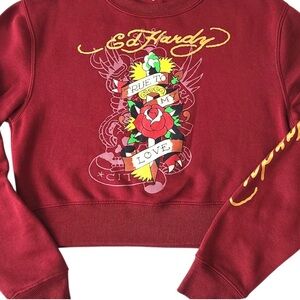 Ed Hardy Graphic Crop Pullover Sweatshirt Shirt Red Med. Rose Tattoo Y2K Retro